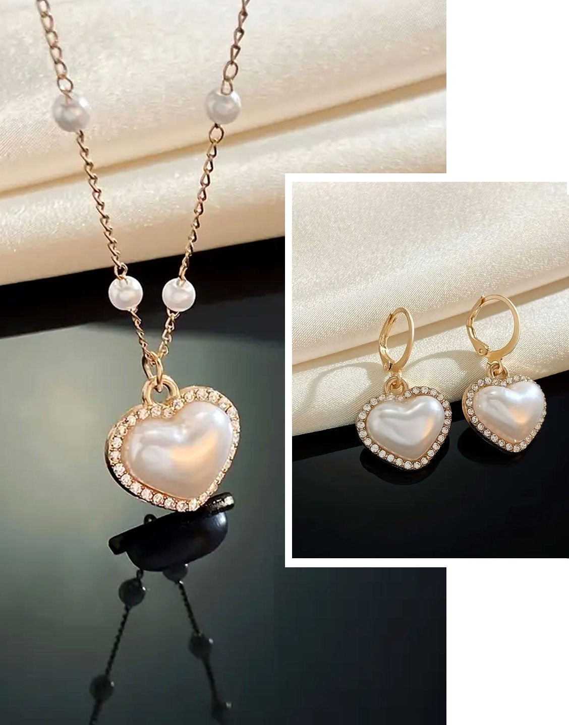Elegant Heart Shape Pearl & Rhinestone Necklace with Earrings