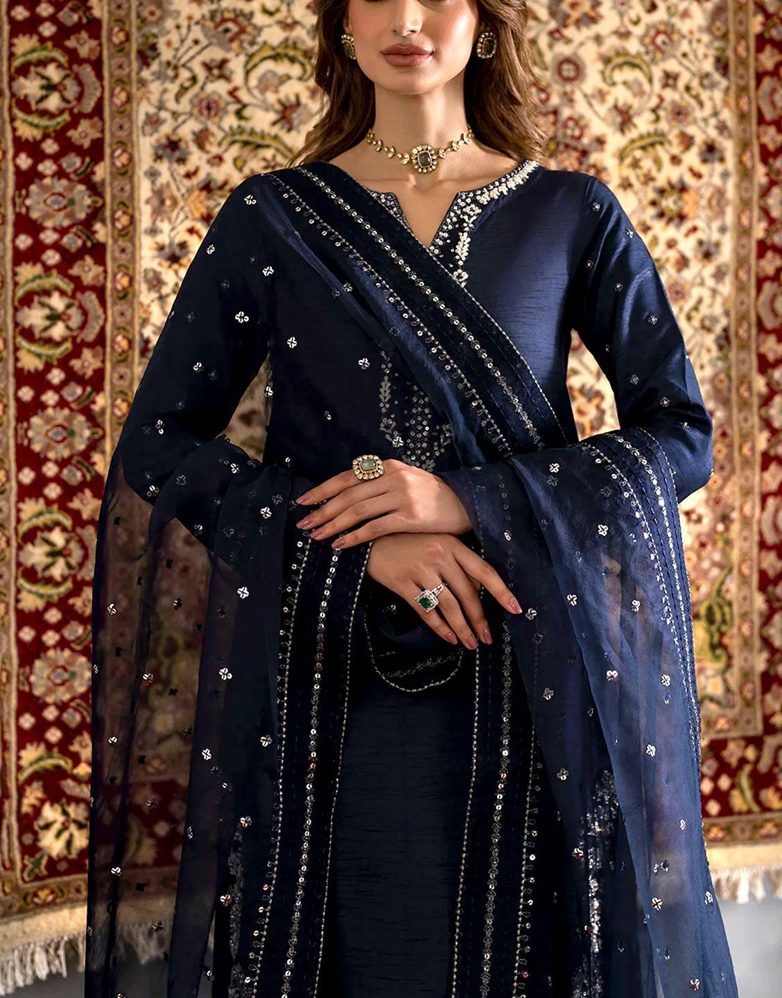 Handwork Embroidered Silk Party Wear Dress with NET Dupatta - Out of Stock