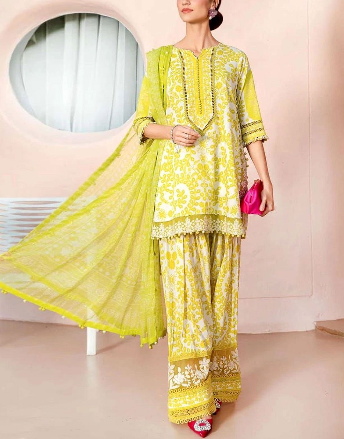 All-Over Print Embroidered Lawn Dress  with Chiffon Dupatta
