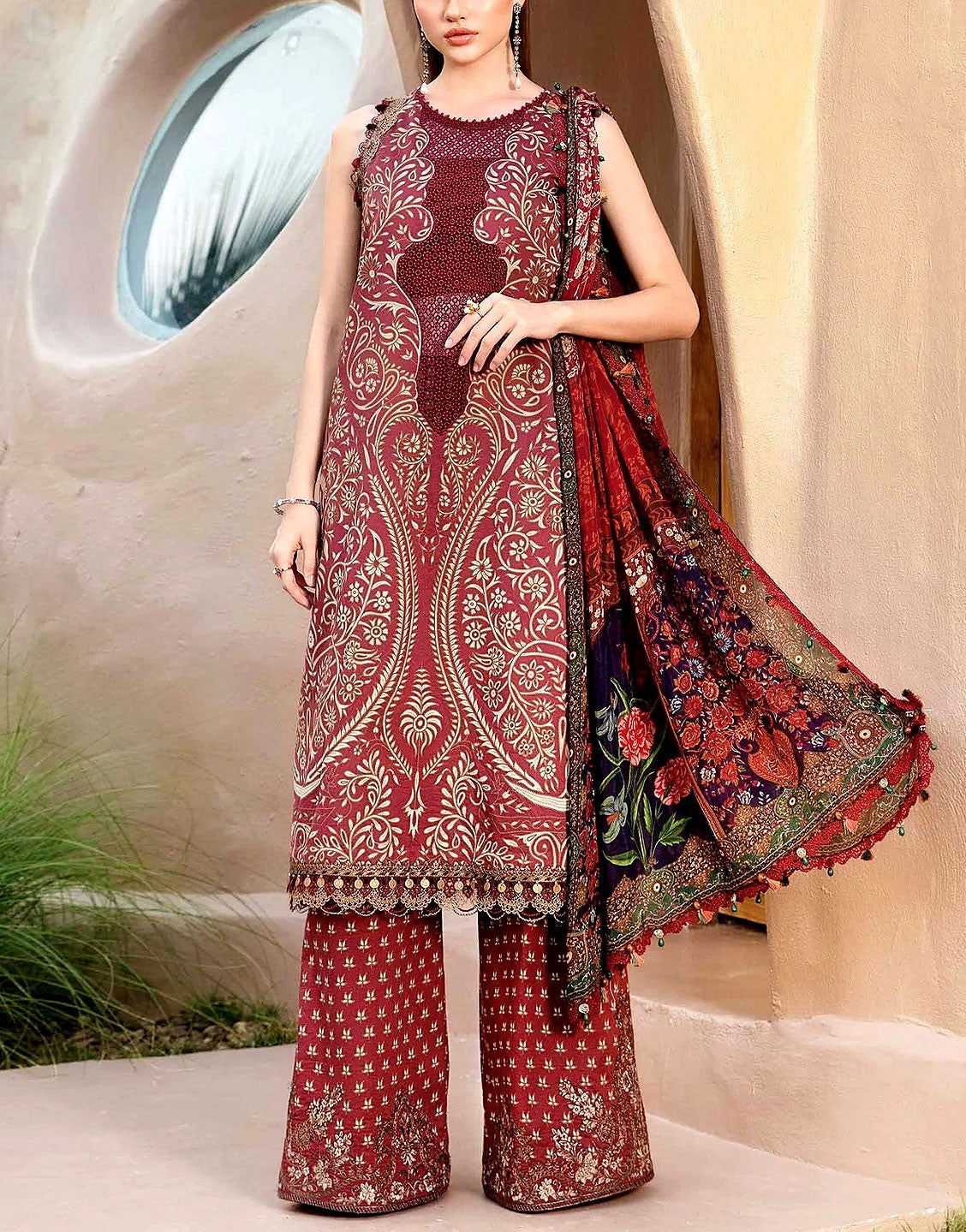 All-Over Print Embroidered Lawn Suit  with Chiffon Dupatta