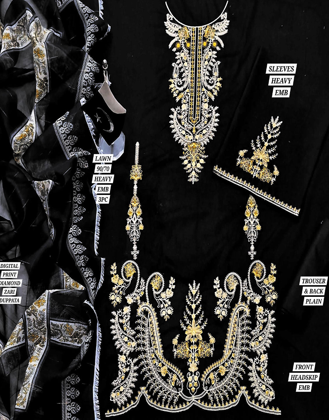 Heavy Embroidered Black Lawn Dress with Diamond Zari Dupatta - Out of Stock