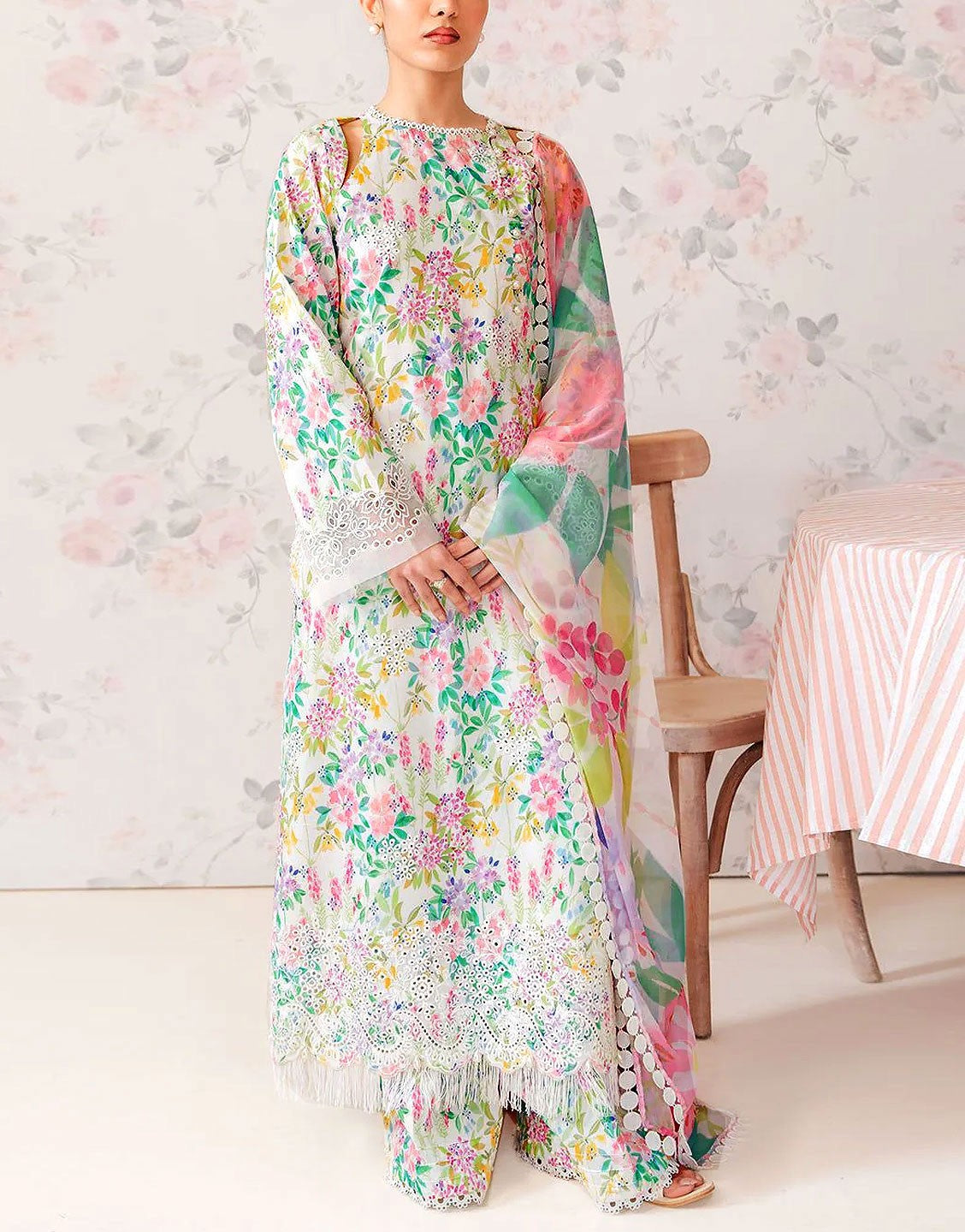 All-Over Print Schiffli Embroidered Lawn Dress  with Chiffon Dupatta