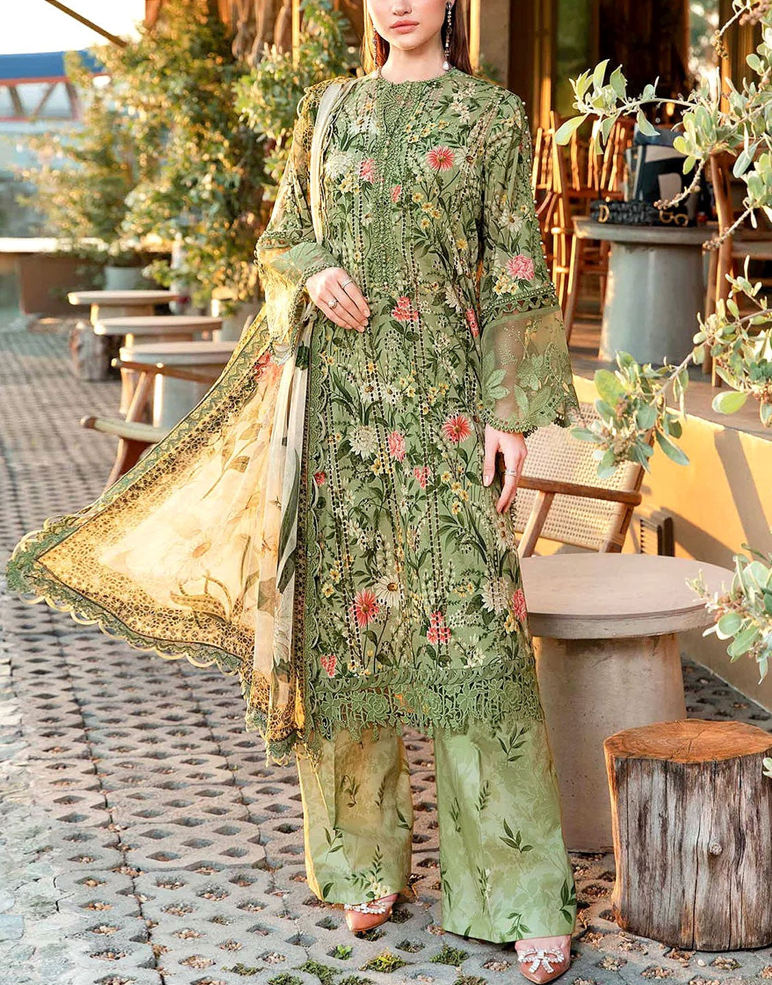 All-Over Print Schiffli Embroidered Lawn Dress with Chiffon Dupatta