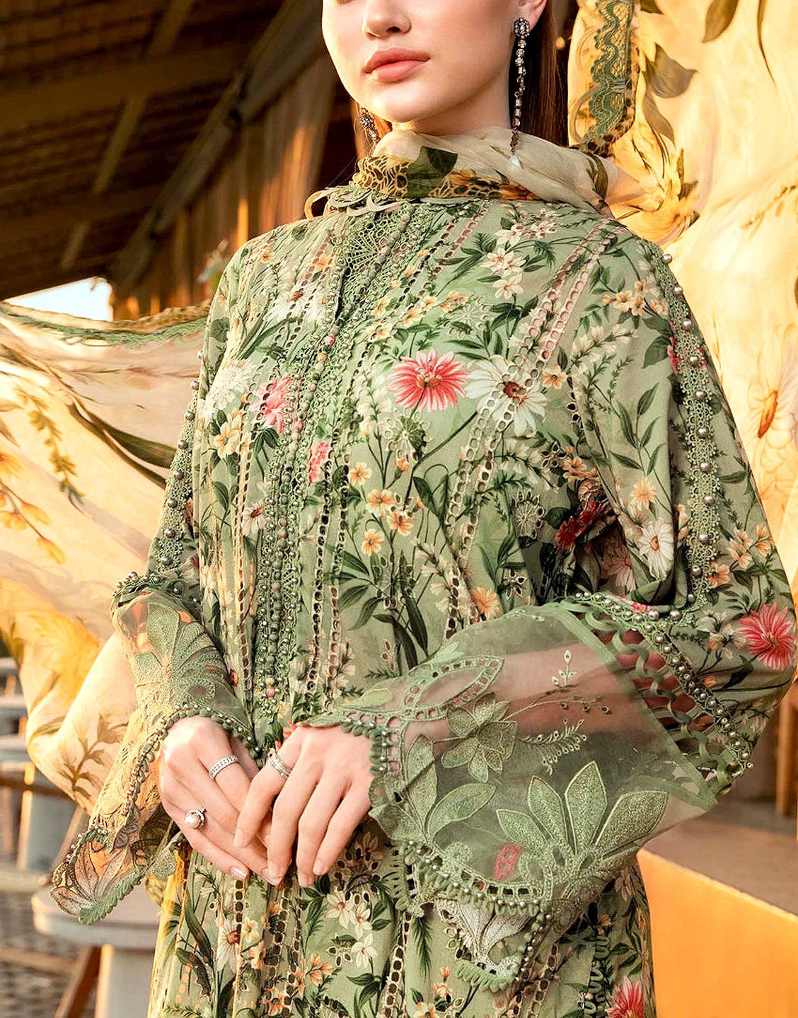 All-Over Print Schiffli Embroidered Lawn Dress with Chiffon Dupatta