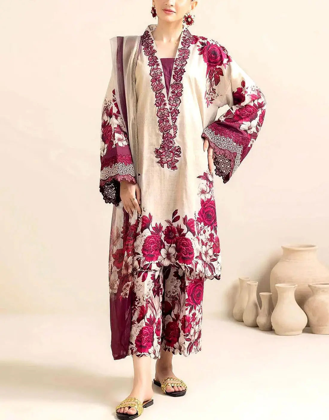 All-Over Print Embroidered EID Lawn Dress with Chiffon Dupatta