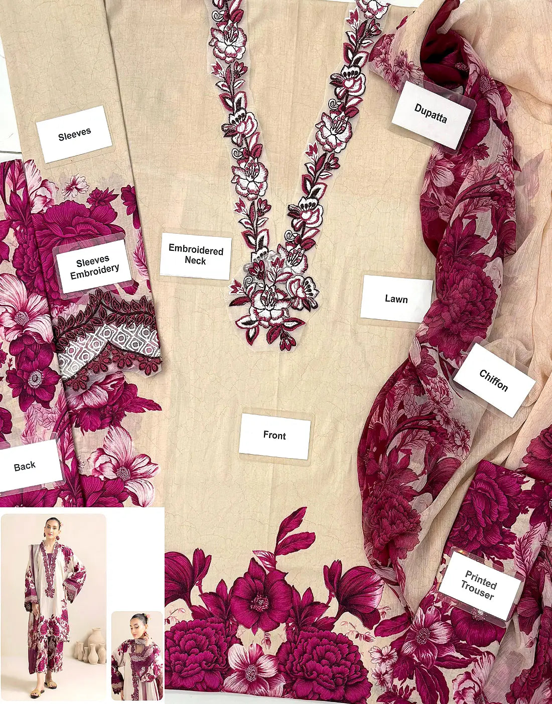 All-Over Print Embroidered EID Lawn Dress with Chiffon Dupatta