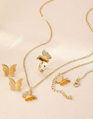 4-Piece Butterfly Jewelry Set with Bracelet, Earring, Necklace and Ring