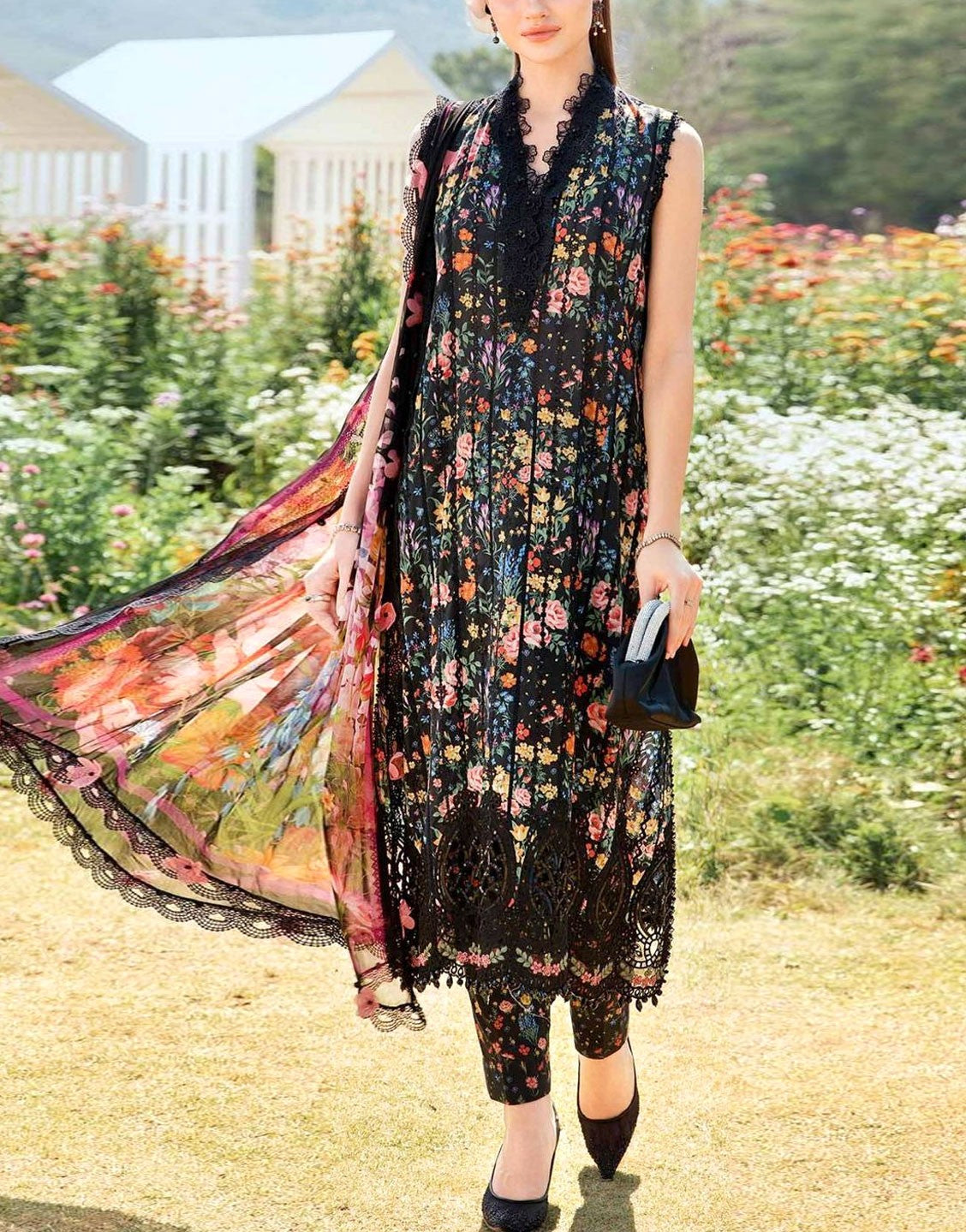 All-Over Print Embroidered Black Lawn Suit  with Chiffon Dupatta