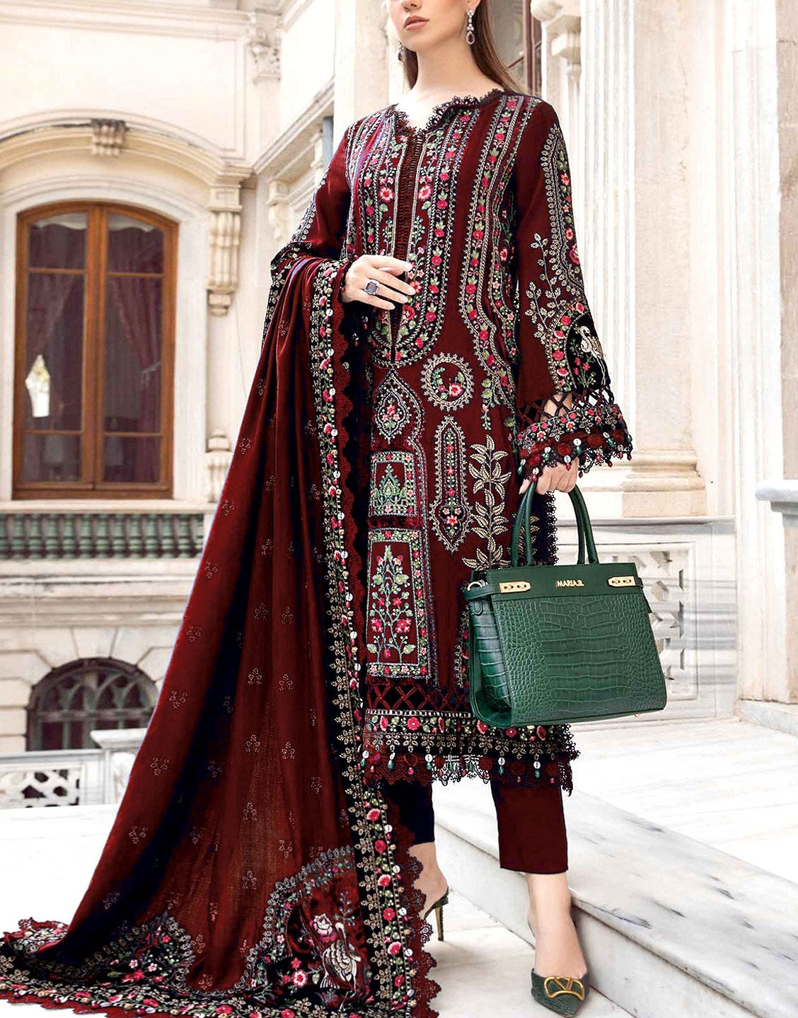 Cultural Inspired Embroidered Cotton Dress  with Chiffon Dupatta