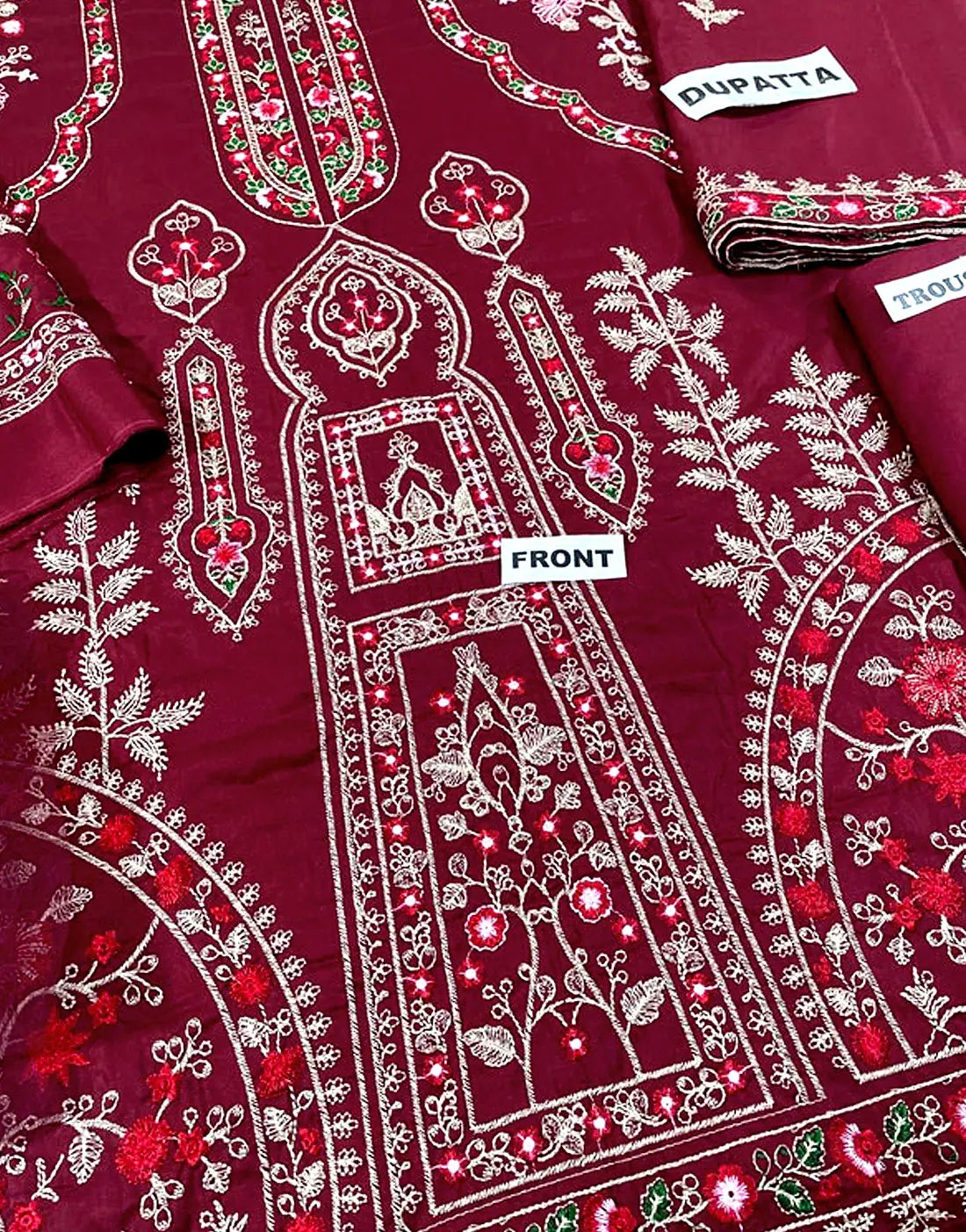 Cultural Inspired Maroon Embroidered Cotton Lawn Dress with Embroidery Chiffon Dupatta