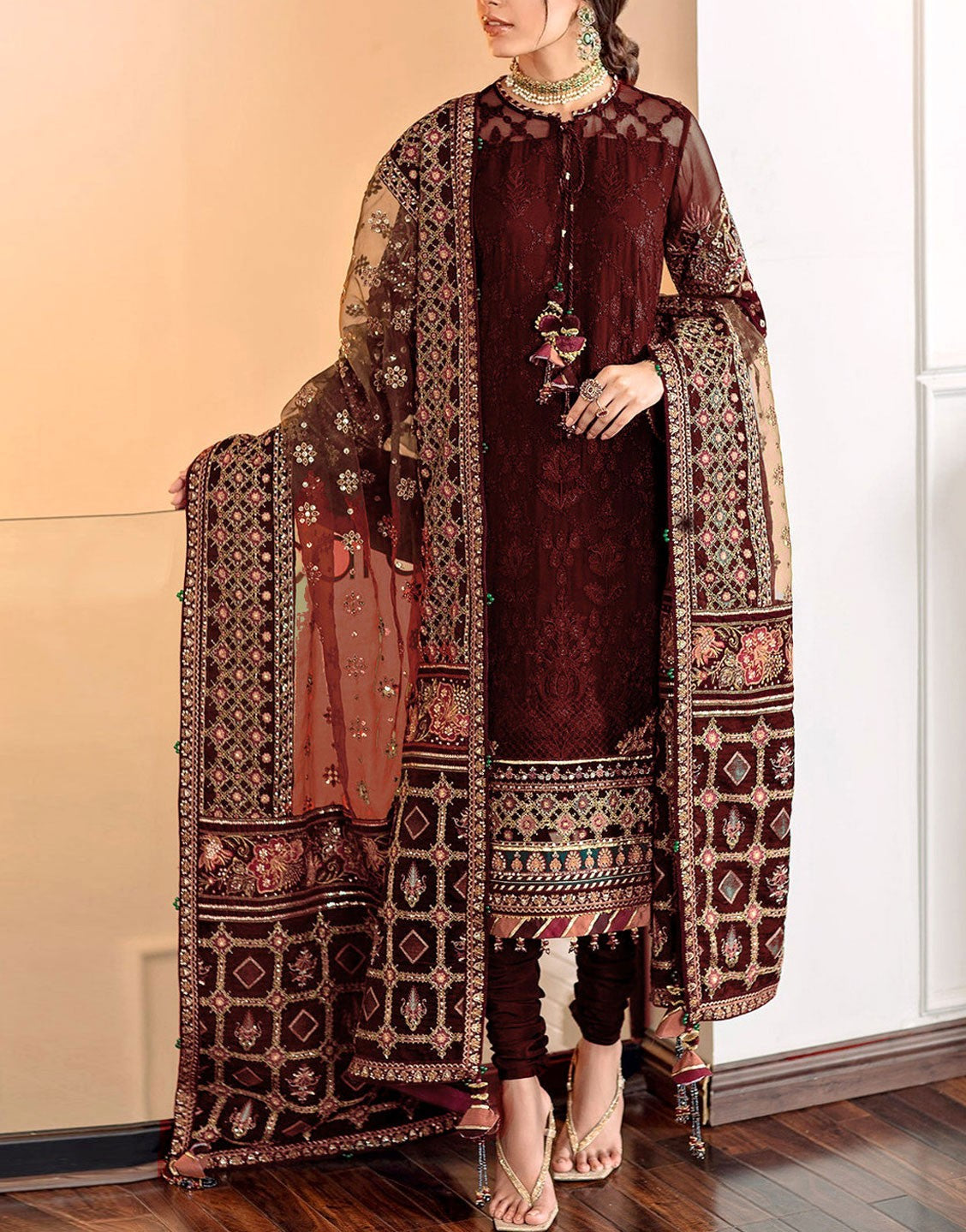 Heavy Sequins Embroidered Maroon Cotton Dress  with Printed Diamond Dupatta