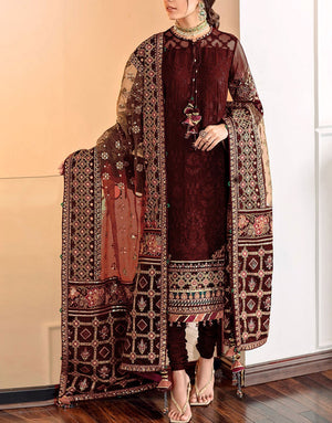 Heavy Sequins Embroidered Maroon Cotton Dress  with Printed Diamond Dupatta