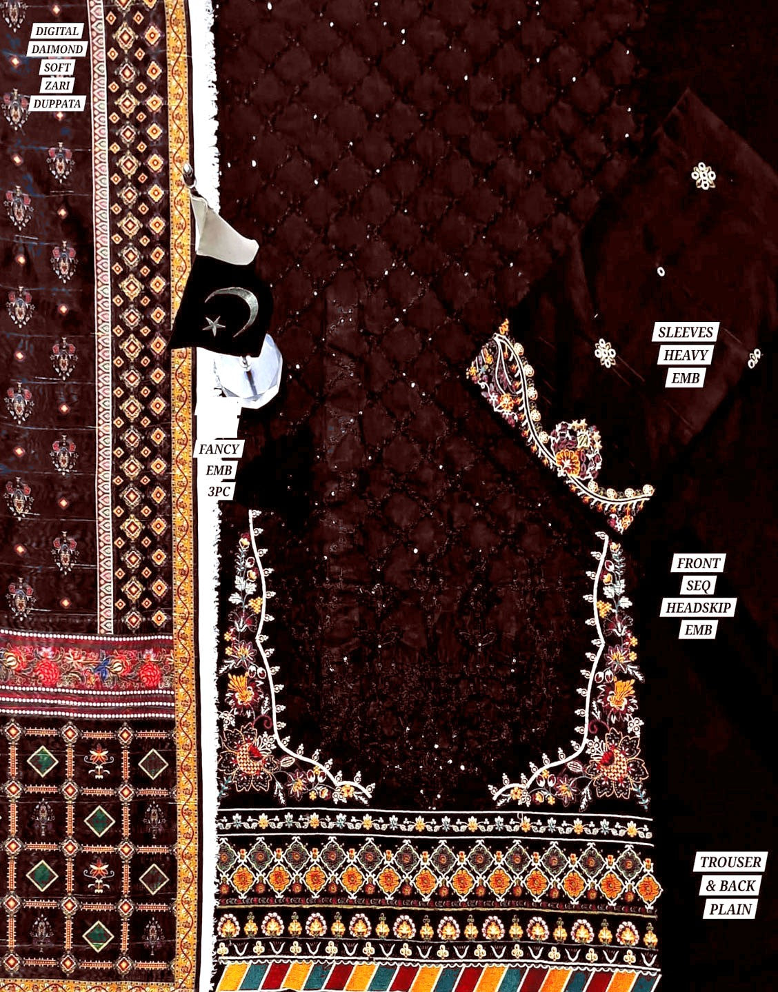 Heavy Sequins Embroidered Maroon Cotton Dress with Printed Diamond Dupatta - Out of Stock