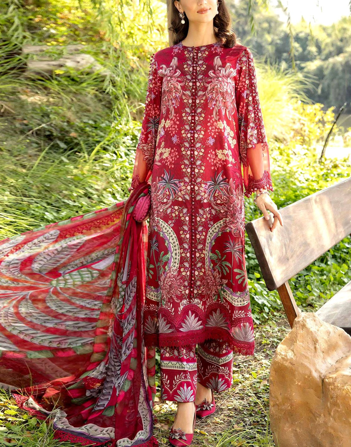 All-Over Print Embroidered Lawn Dress  with Chiffon Dupatta