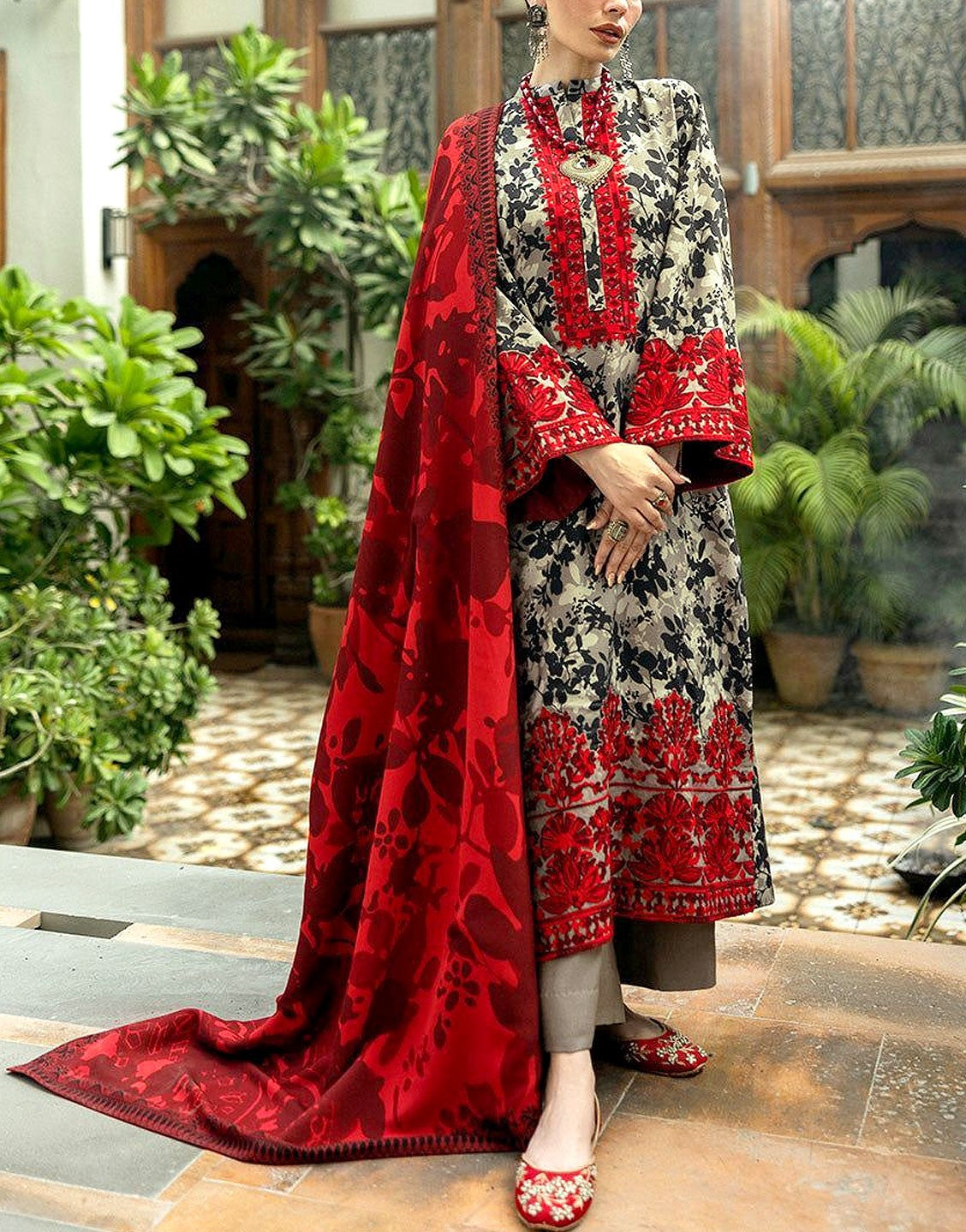 All-Over Print Embroidered Lawn Dress  with Chiffon Dupatta
