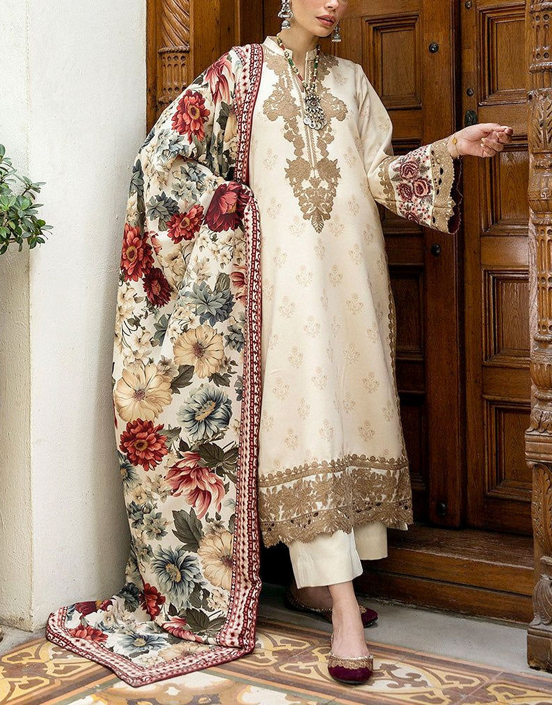 All-Over Print Embroidered Lawn Dress  with Chiffon Dupatta