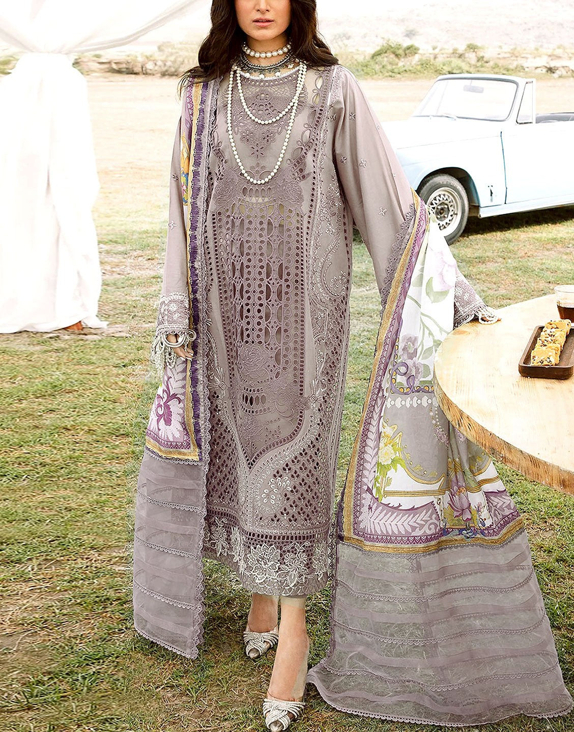 Glamorous Heavy Schiffli Embroidered Lawn Party Dress  with Silk Dupatta