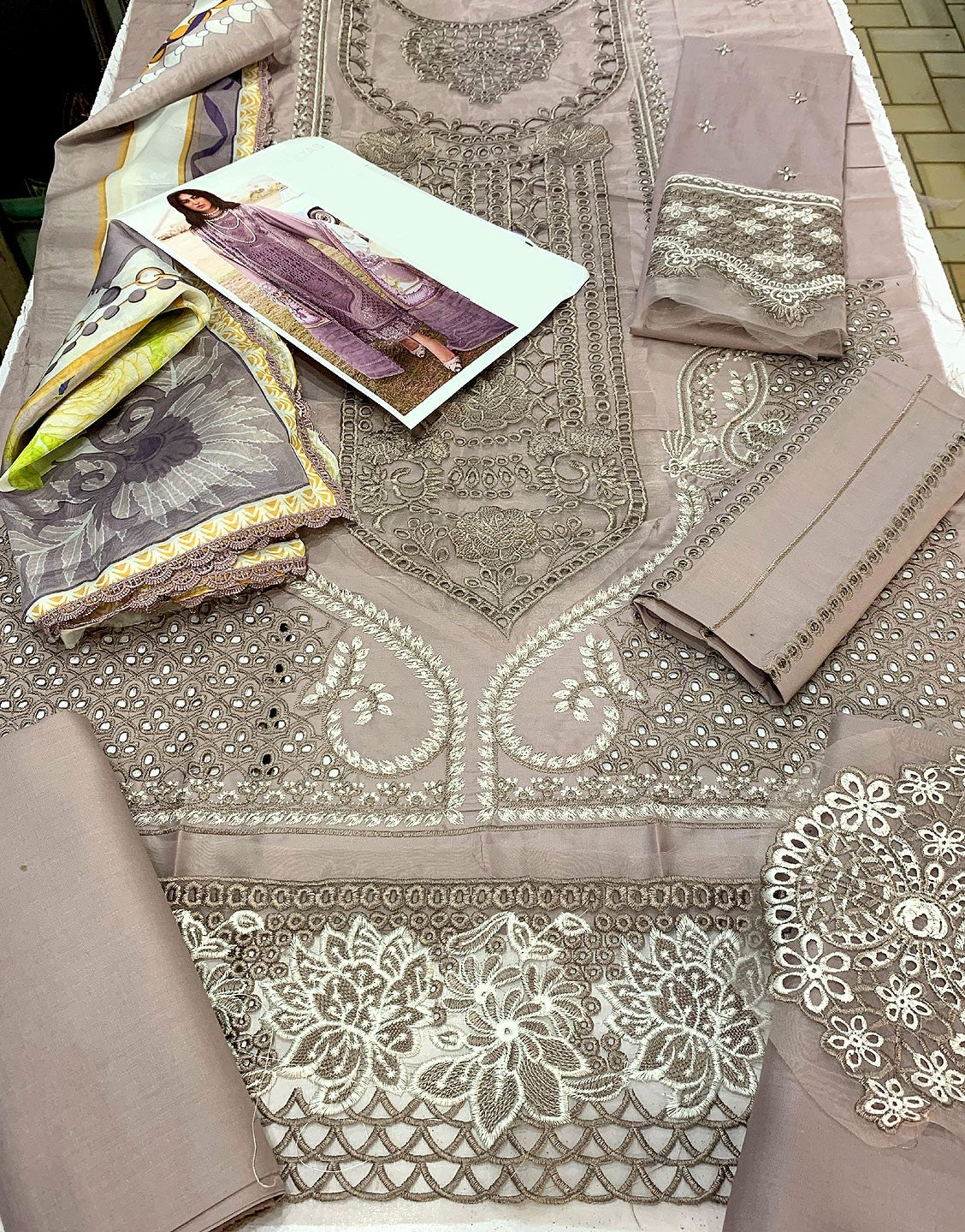 Glamorous Heavy Schiffli Embroidered Lawn Party Dress with Silk Dupatta