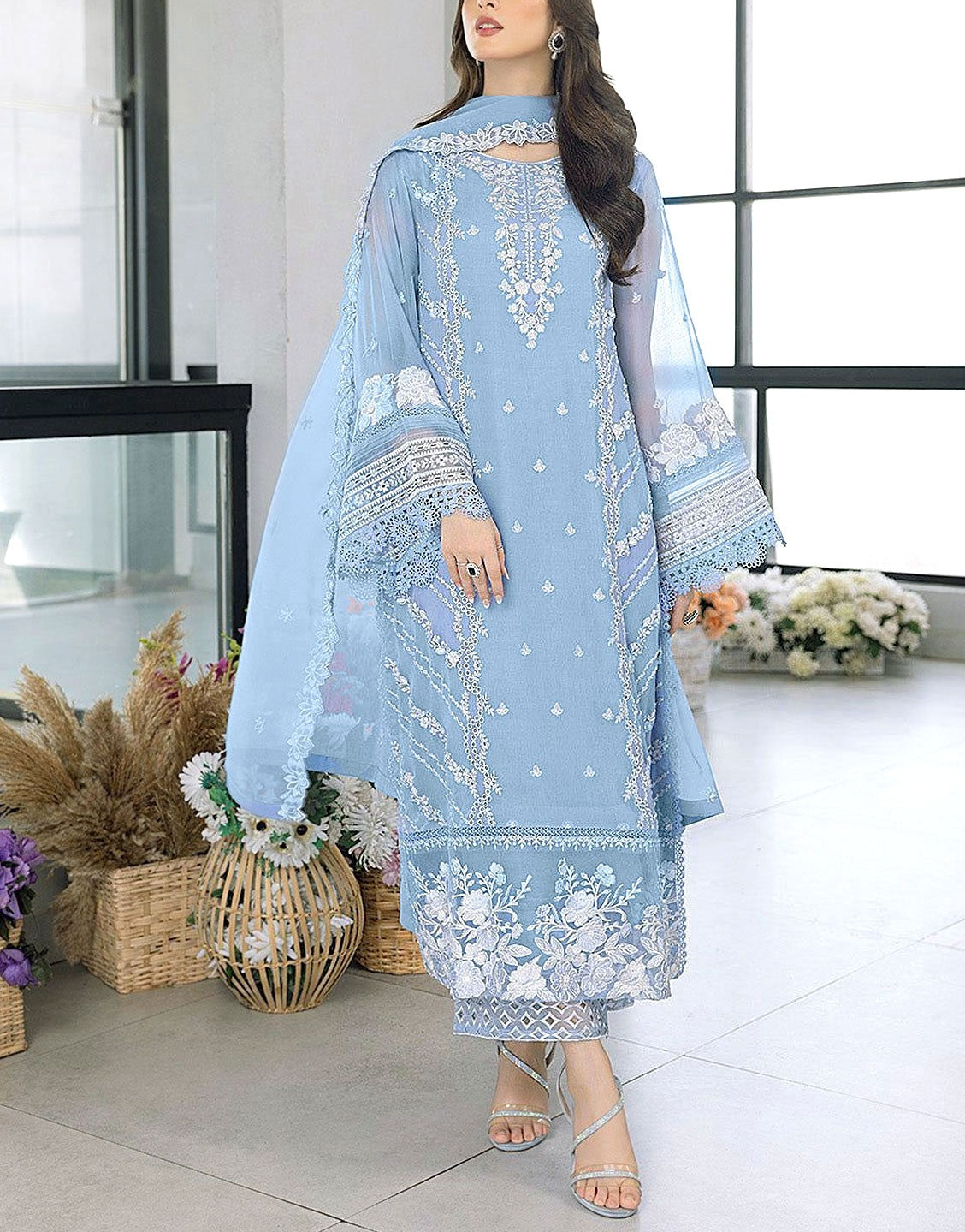 Formal Embroidered Organza Party Wear Dress 
