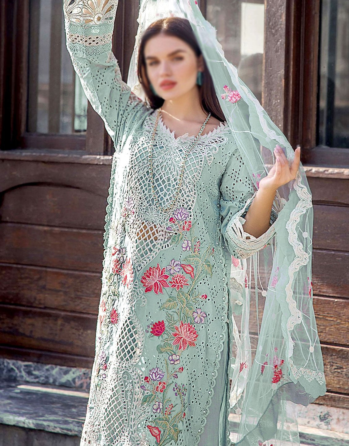 Luxury Heavy Schiffli Embroidered Cotton Lawn Dress with Emb. NET Dupatta - Out of Stock