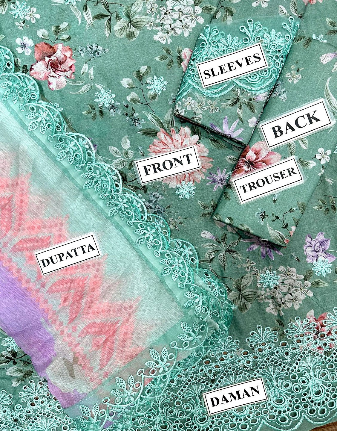 All-Over Print Schiffli Embroidered Lawn Dress with Emb. Chiffon Dupatta
