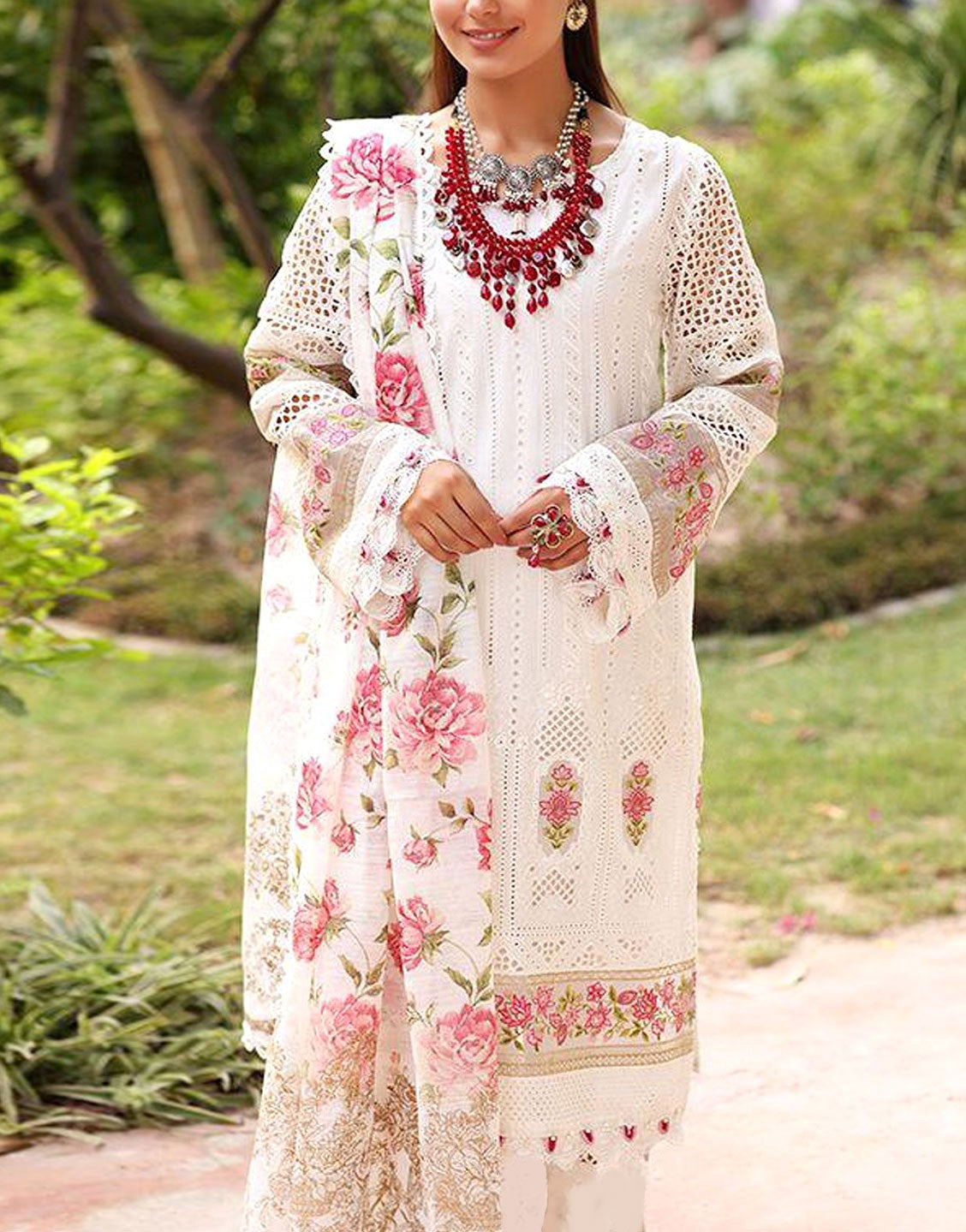 Luxury Heavy Schiffli Embroidered Lawn Party Dress  with Silk Dupatta