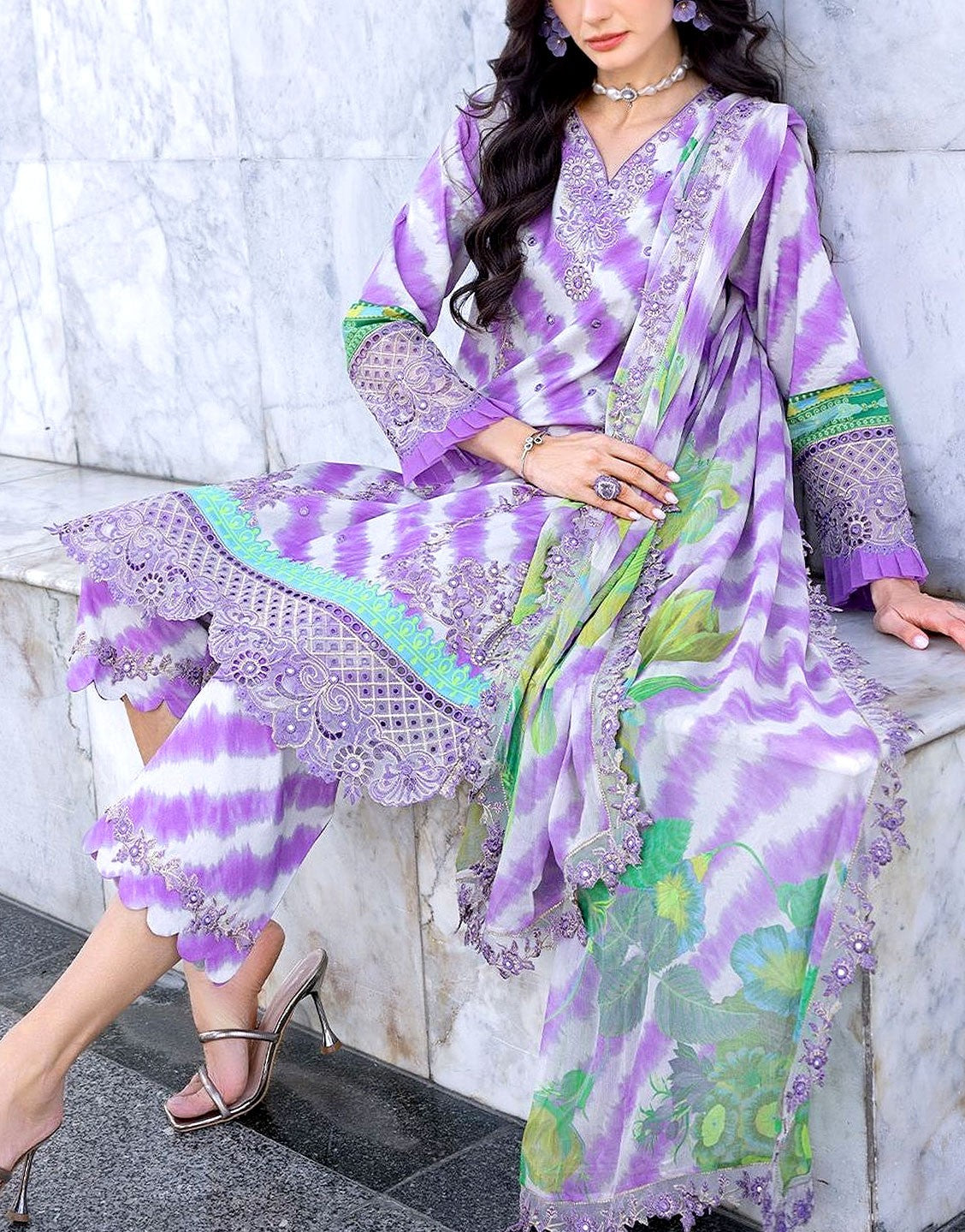 All-Over Print Embroidered Lawn Dress  with Silk Dupatta