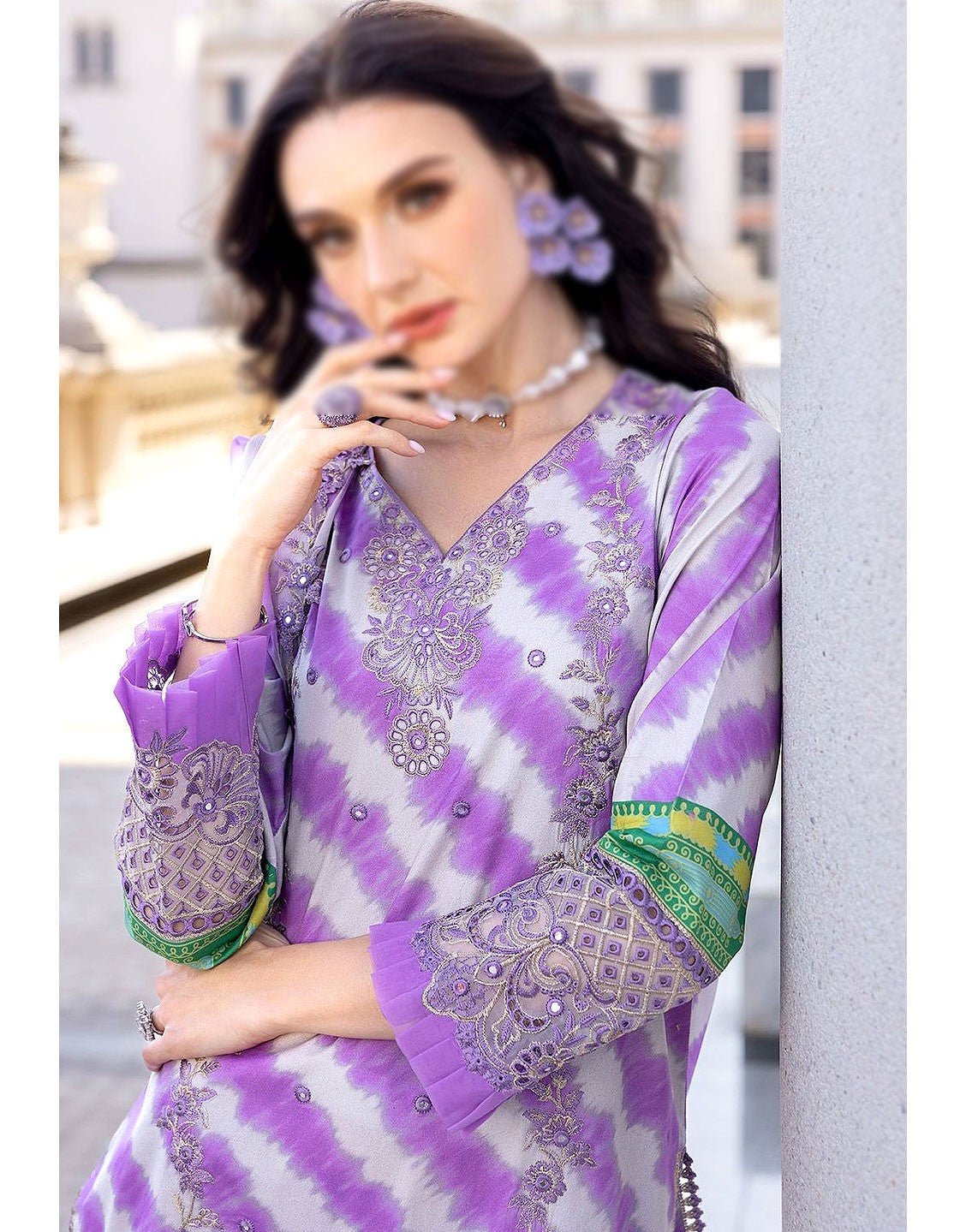 All-Over Print Embroidered Lawn Dress with Silk Dupatta - Out of Stock