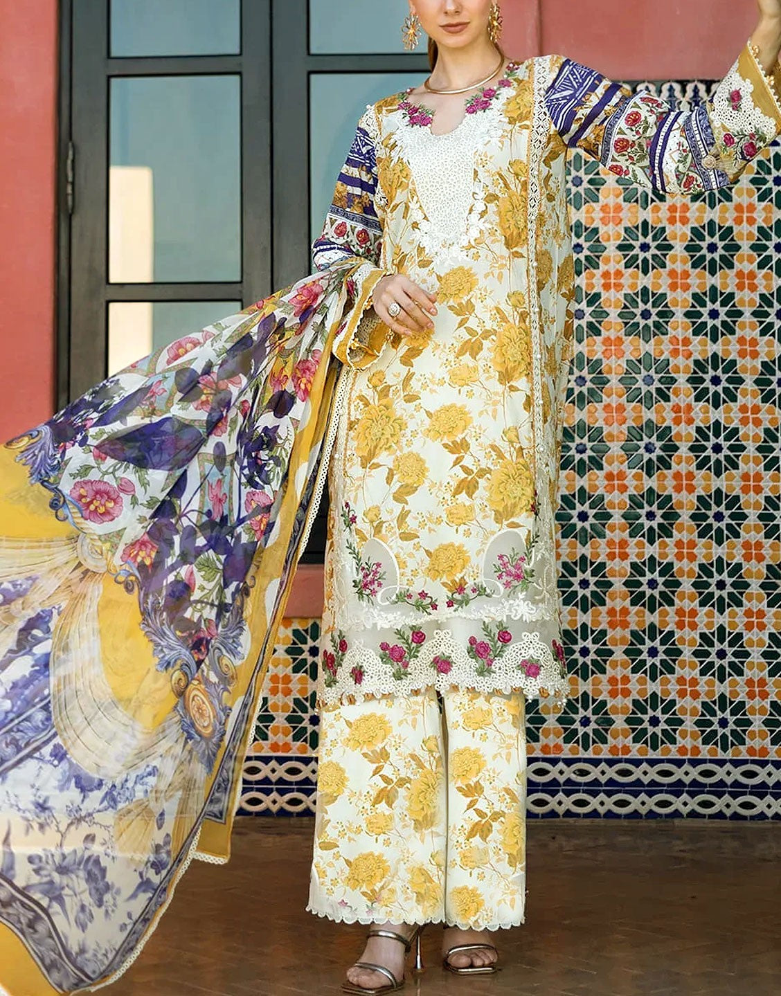 All-Over Print Embroidered Lawn Suit  with Chiffon Dupatta