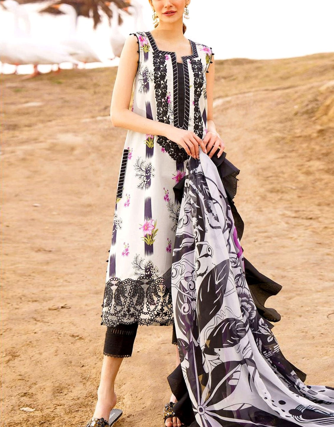 Elegant Embroidered Lawn Dress  with Digital Print Silk Dupatta