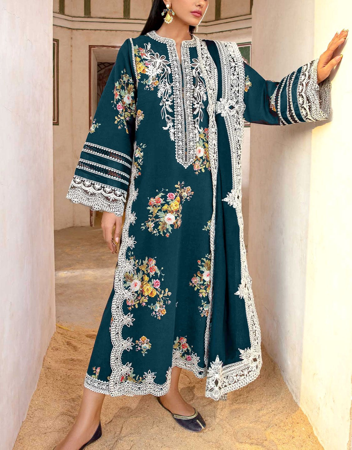 Elegant Embroidered Lawn Dress with Digital Print Diamond Dupatta