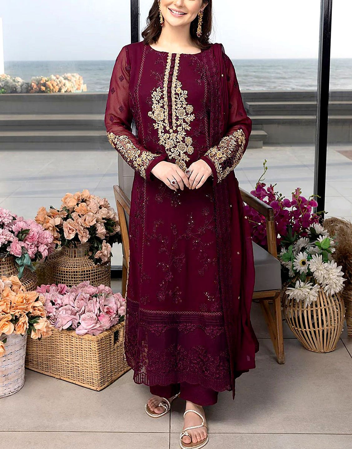 Formal Heavy Embroidered Chiffon Party Wear Dress 