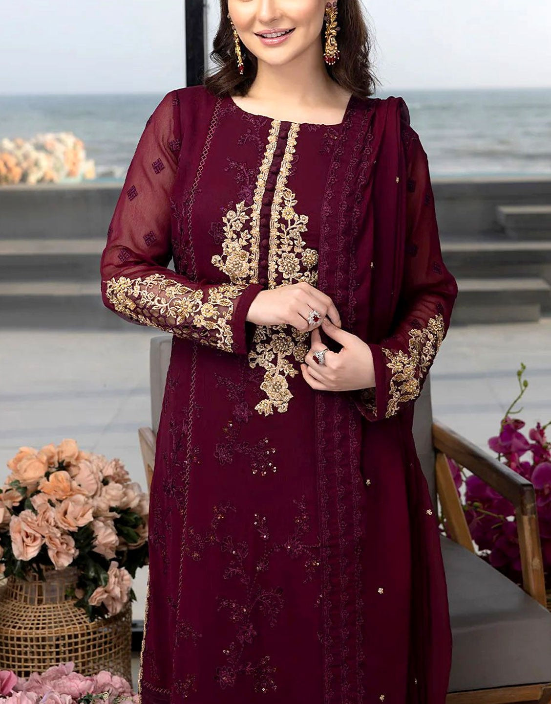 Formal Heavy Embroidered Chiffon Party Wear Dress - Out of Stock