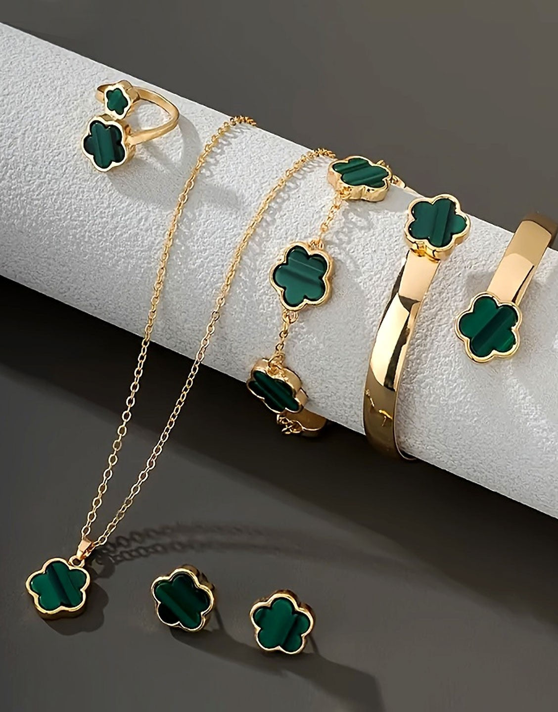 5-Piece Green Five Leaf Clover Design Jewelry Set includes Bracelet, Earrings, Kara, Necklace & Ring