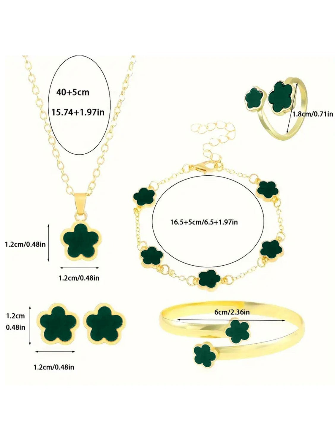 5-Piece Green Five Leaf Clover Design Jewelry Set includes Bracelet, Earrings, Kara, Necklace & Ring
