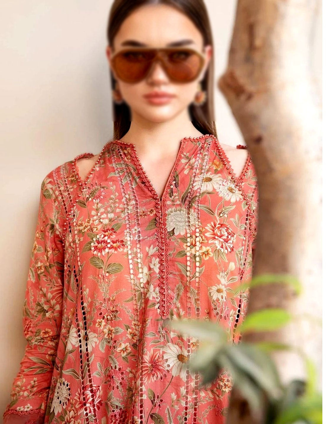 All-Over Print Schiffli Embroidered Lawn Dress with Chiffon Dupatta - Out of Stock