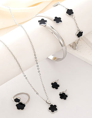 5-Piece Five Leaf Clover Design Silver Jewelry Set includes Bracelet, Earrings, Kara, Necklace & Ring