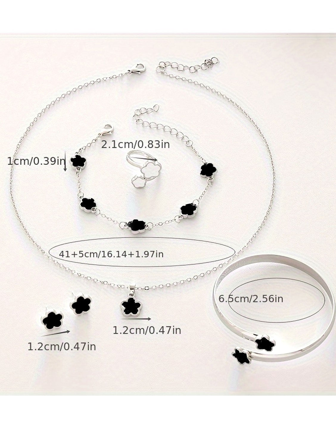 5-Piece Five Leaf Clover Design Silver Jewelry Set includes Bracelet, Earrings, Kara, Necklace & Ring