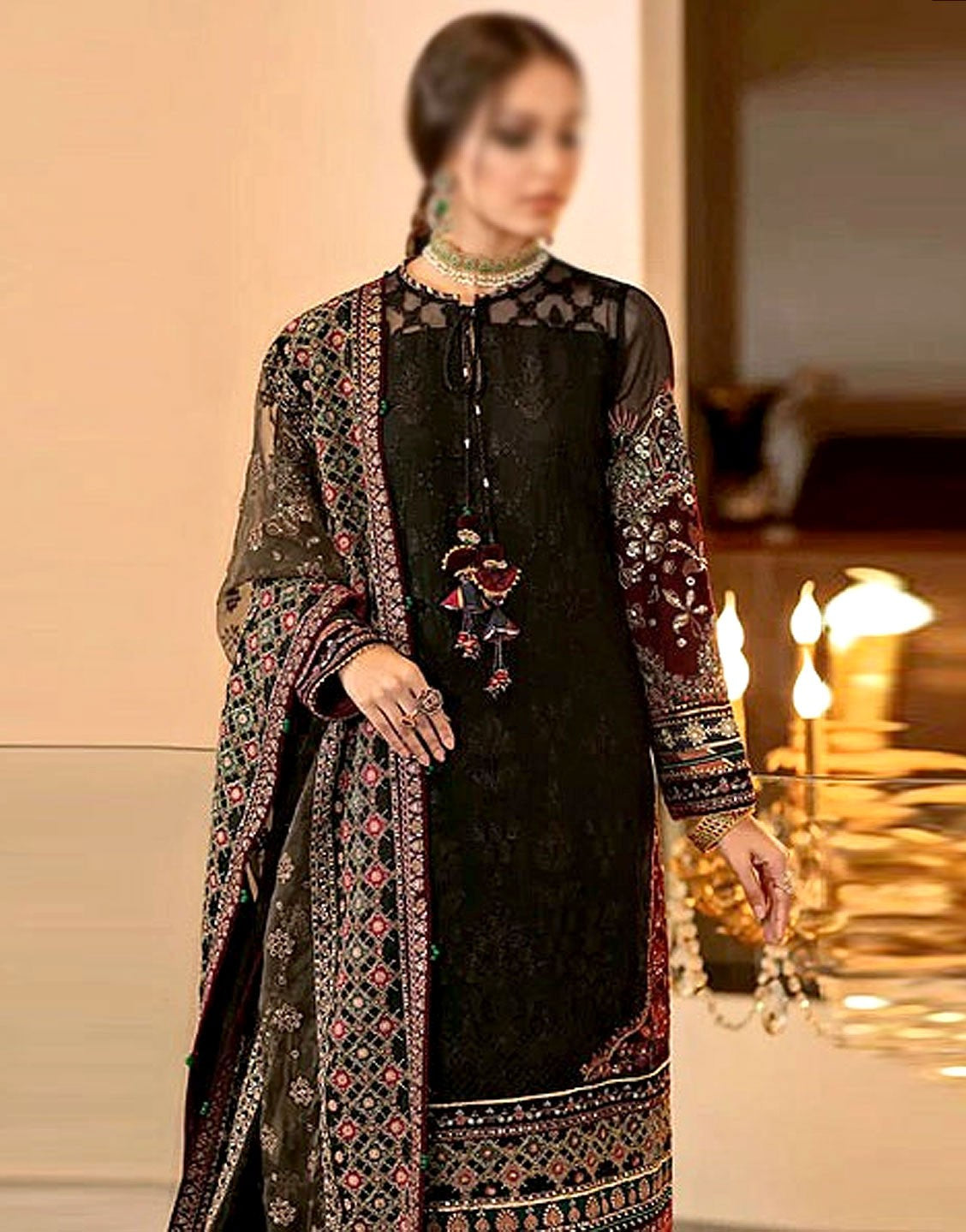 Heavy Embroidered Black Chiffon Party Dress with Printed Diamond Dupatta