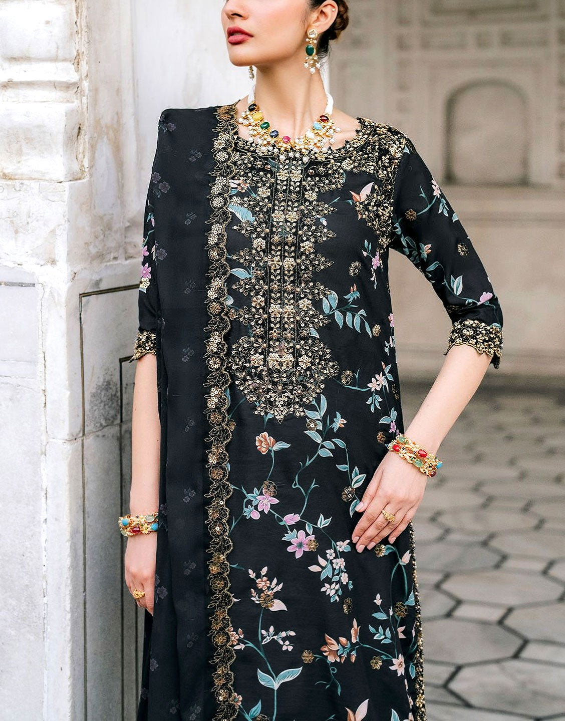 All-Over Print Embroidered Lawn Dress with Emb. Chiffon Dupatta - Out of Stock