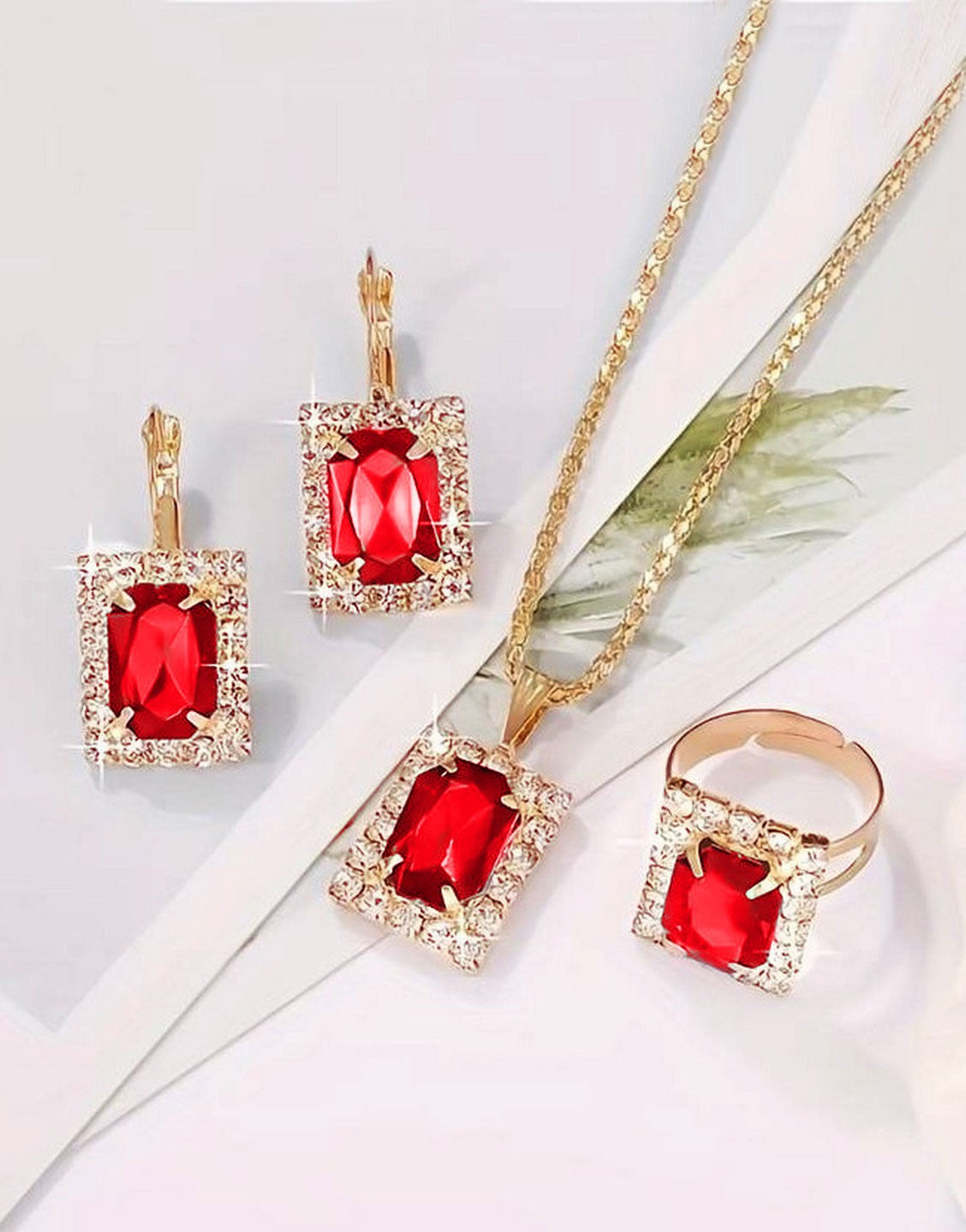 3-Piece Square Shape Synthetic Red Gemstone Jewellery Set with Earrings, Necklace and Ring