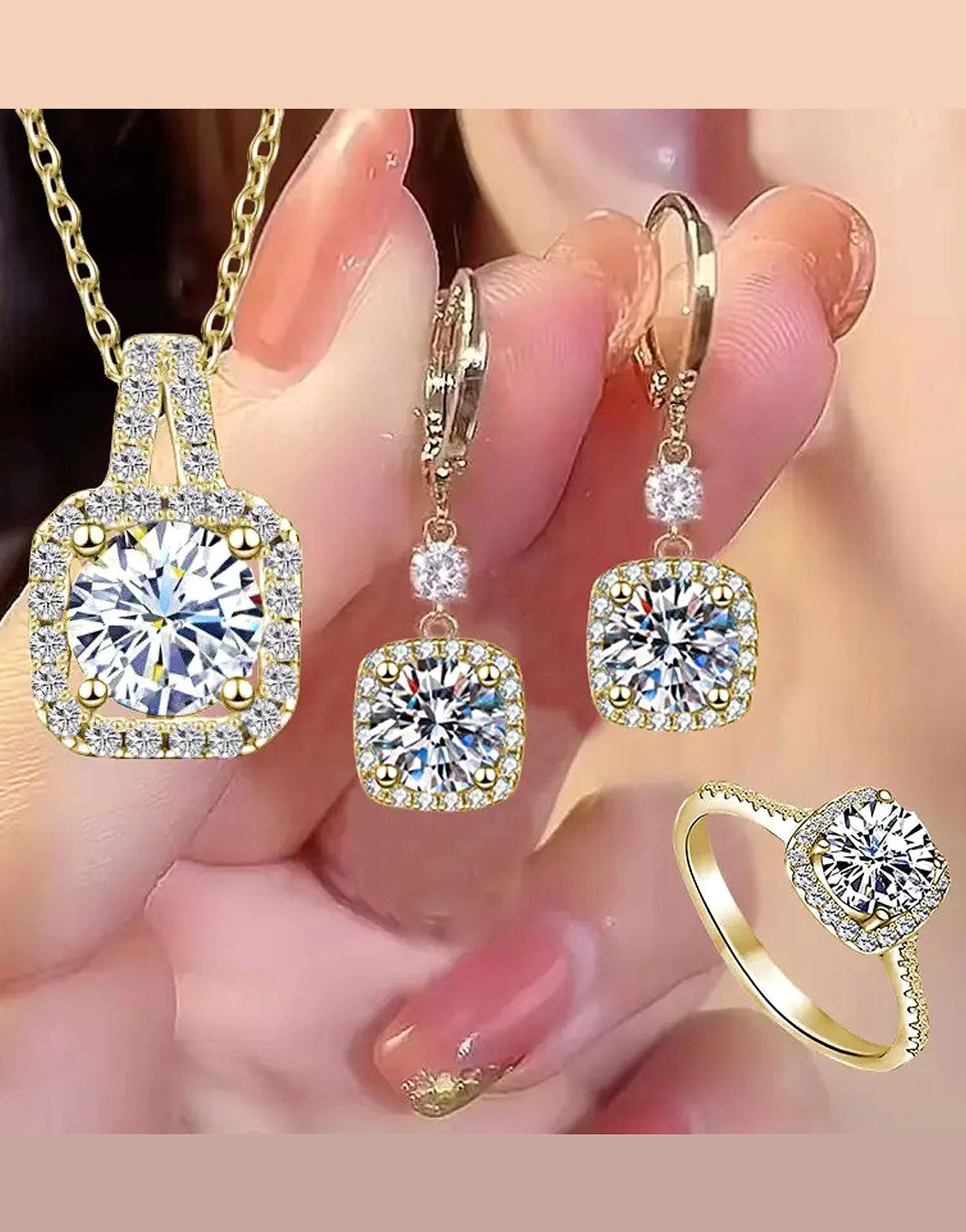 3-Piece Minimalist Design Golden Jewellery Set with Earrings, Necklace and Ring
