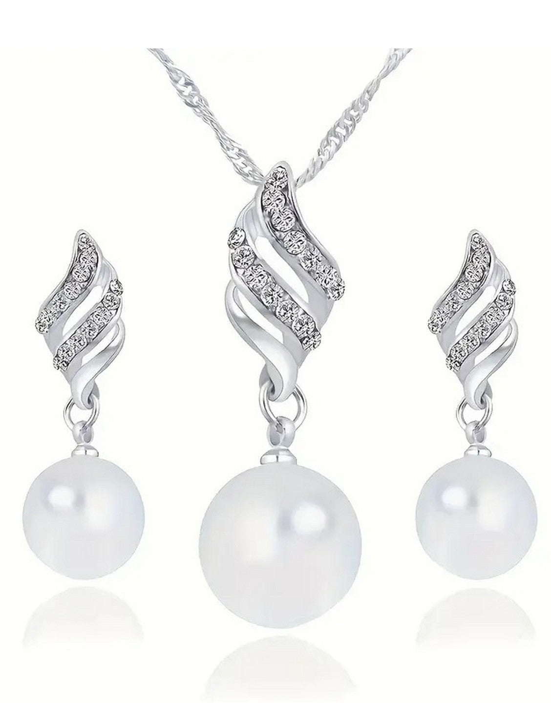Elegant Spiral Pearl Silver Jewellery Set with Necklace and Earrings