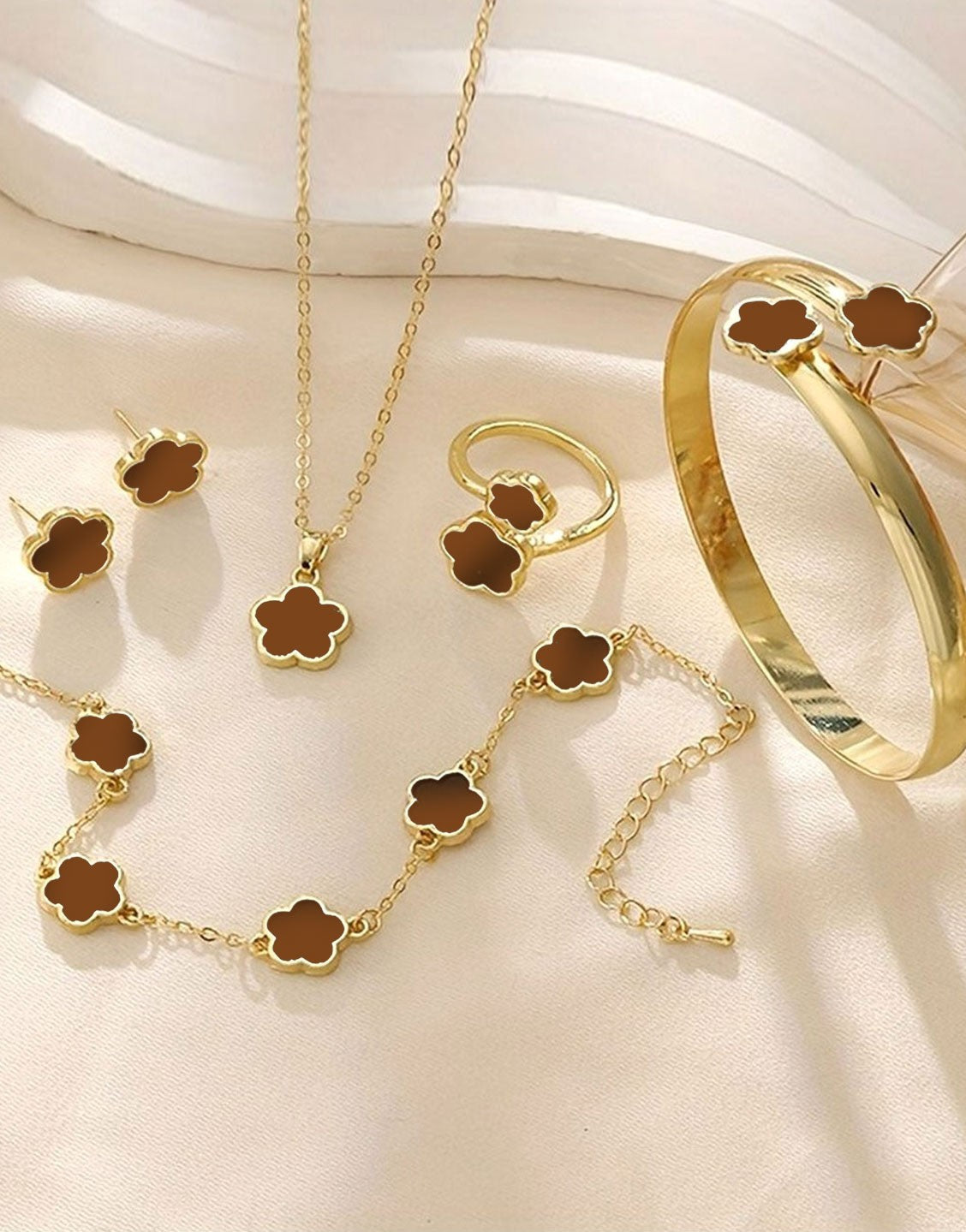 5-Piece Brown Five Leaf Clover Design Jewelry Set includes Bracelet, Earrings, Kara, Necklace & Ring