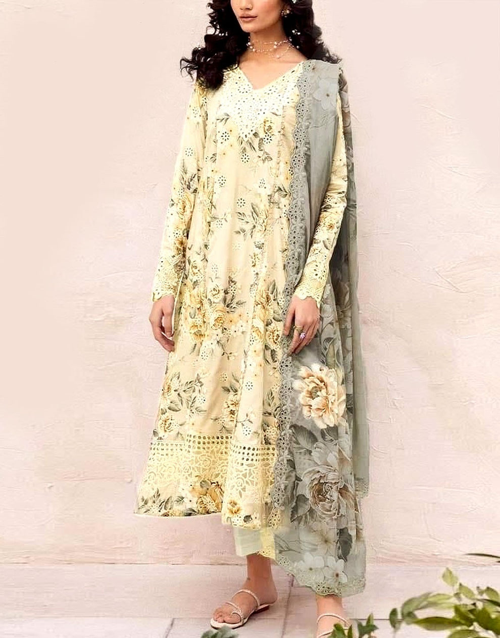All-Over Print Embroidered Lawn Suit for Girls with Emb. Chiffon Dupatta