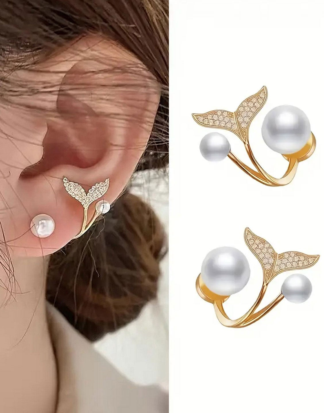 Faux Pearls & Rhinestones 14K Gold Plated Whale Tail Stud Earrings