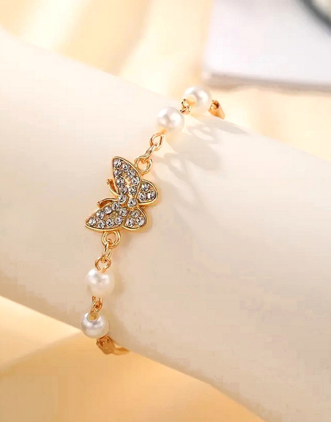 Elegant Golden-Tone Butterfly Charm Bracelet for Girls with Imitation Pearl & Rhinestones