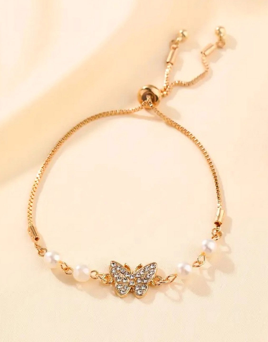 Elegant Golden-Tone Butterfly Charm Bracelet for Girls with Imitation Pearl & Rhinestones