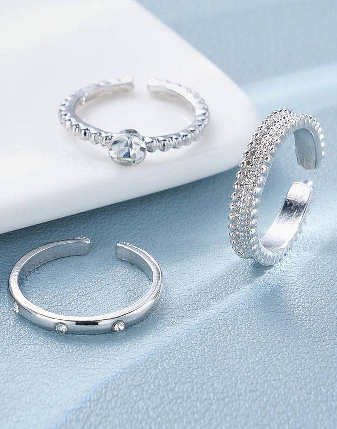 Pack of 3 Adjustable Synthetic Cubic Zirconia Alloy Rings Set for Girls & Ladies