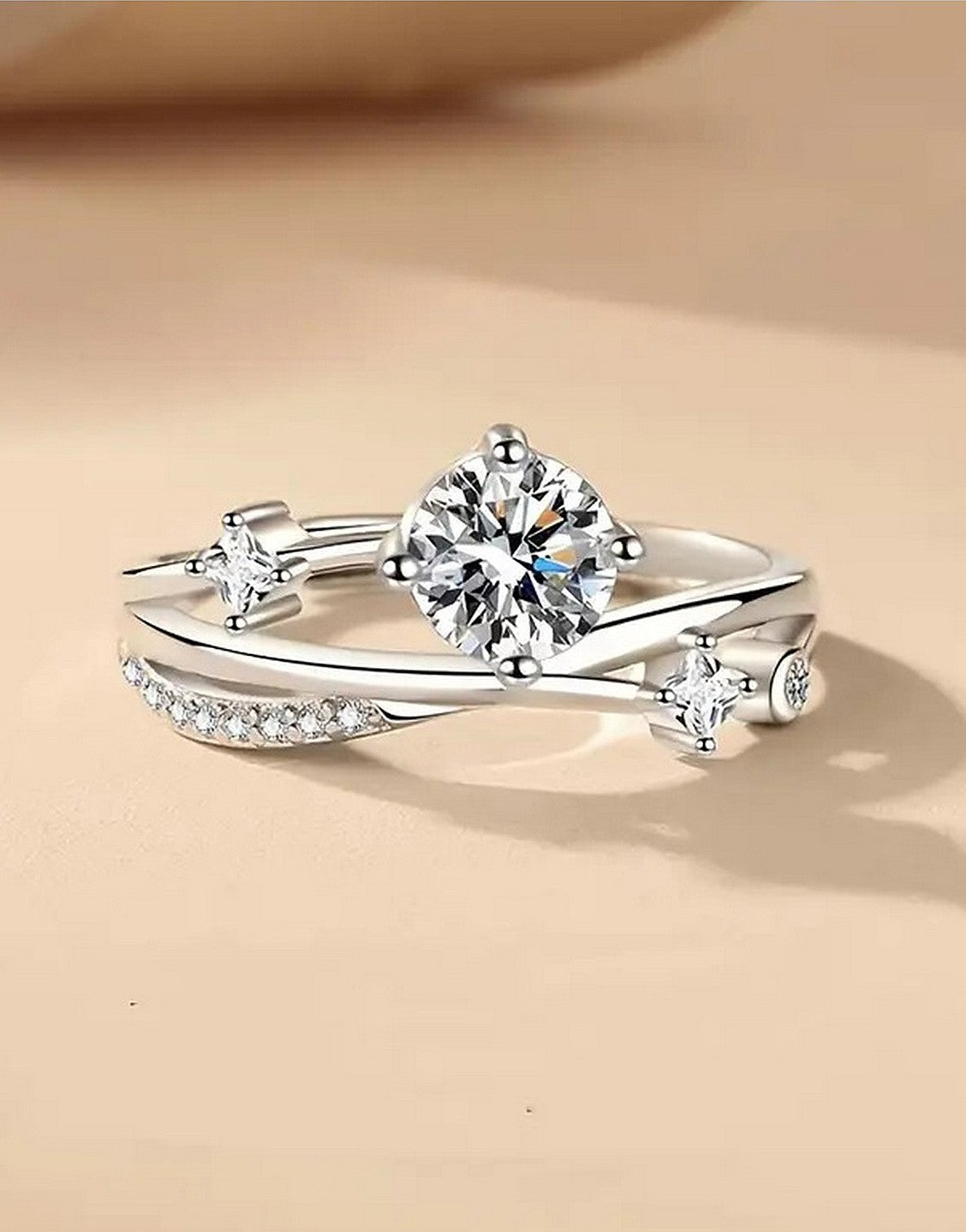 Adjustable Synthetic Cubic Zirconia Silver Starry Sky Ring for Women